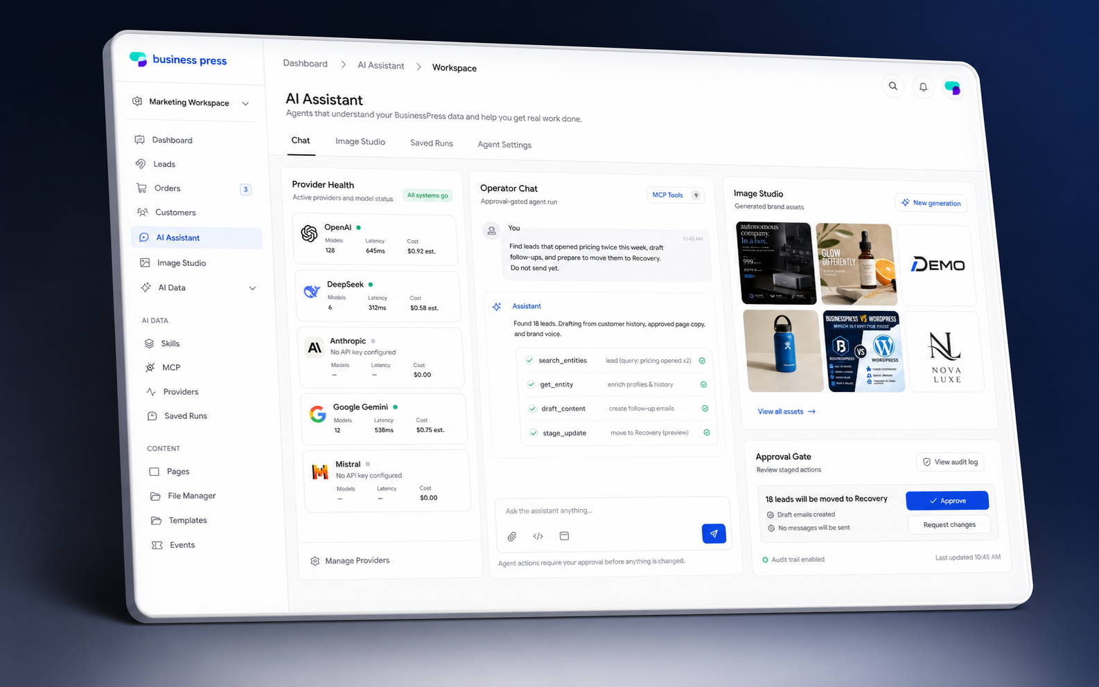BusinessPress AI Assistant dashboard with provider health, operator chat, image studio, and approval gate.