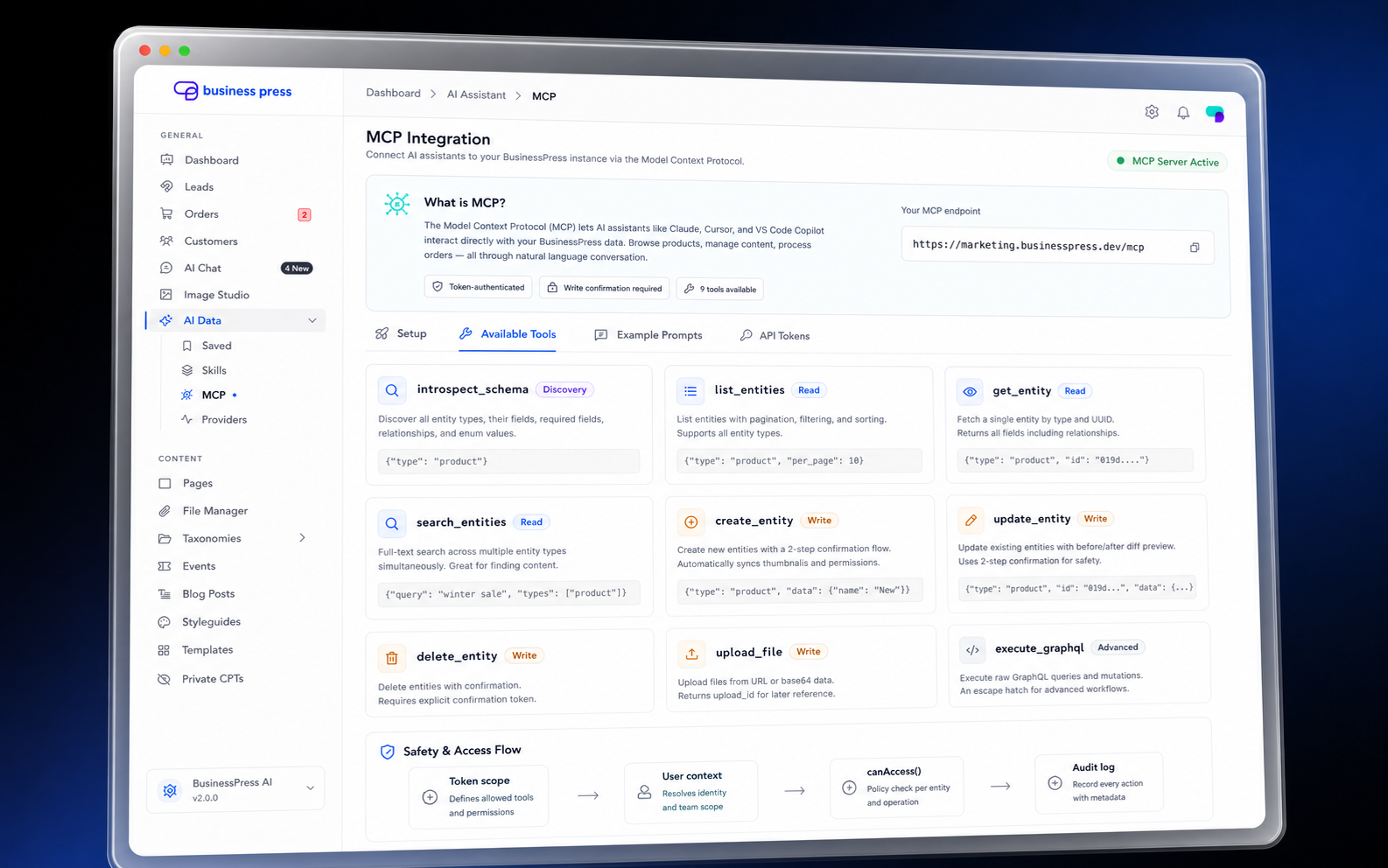 BusinessPress MCP integration dashboard with endpoint, tool cards, and safety access flow.