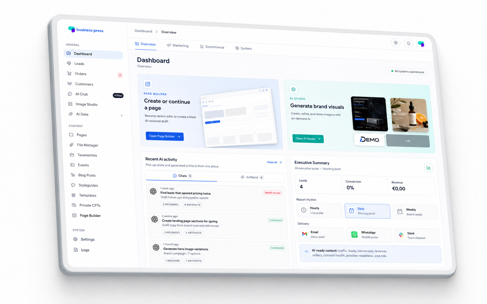 BusinessPress dashboard showing page builder, AI studio, recent AI activity, and executive summary panels.